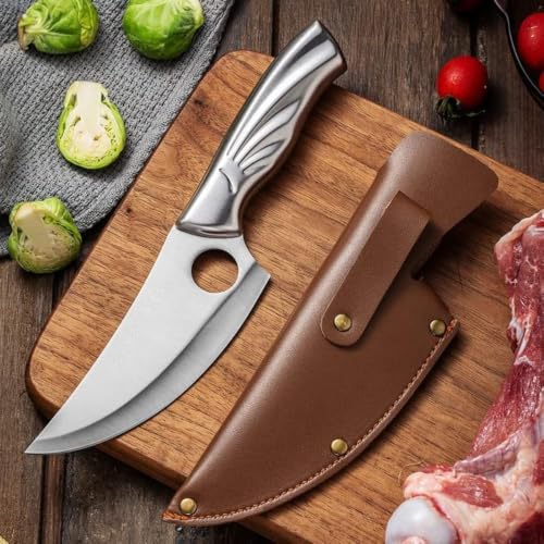 Image of Chef Knife with Leather Sheath, Full Tang Kitchen Knife with Ergonomic Wooden Handle, Multipurpose Stainless Steel Blade for Cutting Meat, Vegetables, Fruits (Chef Knife)