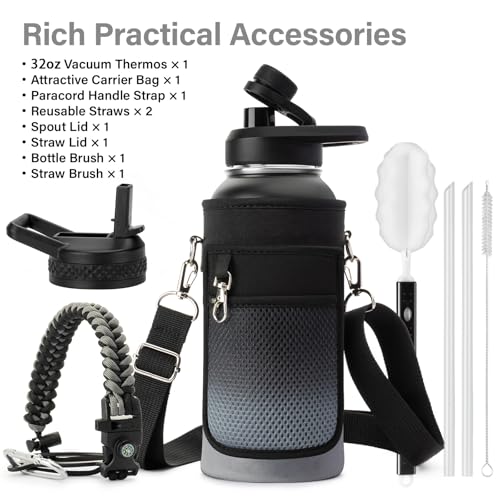 Insulated Water Bottle | Thickened Stainless Steel Vacuum Metal | Portable Sports Water Jug for Gym and Hiking with Straw, Carrier Bag, Handle Strap | BPA-Free 32 oz