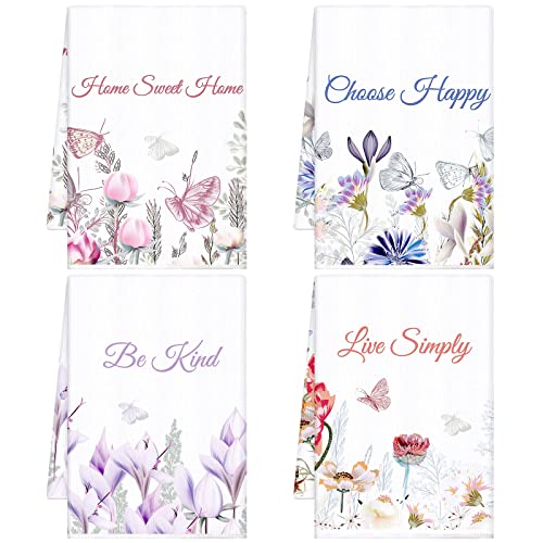 Buryeah 4 Pieces Summer Floral Kitchen Towels Decorative Flower Butterfly Dish Towels Absorbent Hand Towels Reusable Soft Tea Towels for Bathroom Wildflower Dish Cloths with Sayings for Drying