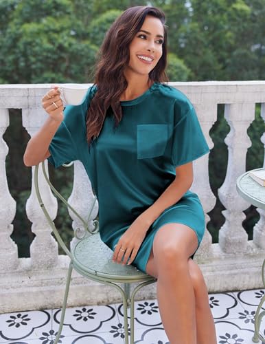 Image of Ekouaer Silk Sleep Shirts for Women Satin Nightgown Short Sleeve Round Neck Sleepwear With Chest Pocket S-2XL