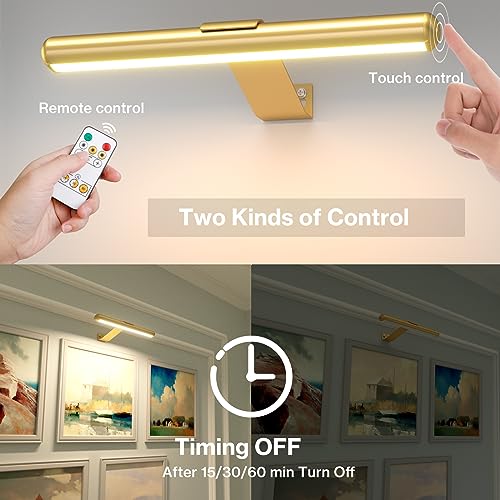 Olafus Wireless Picture Light Rechargeable Battery Operated, Remote Control Painting Lamp with Removable Tube, Infinitely Dimmable, Timer, Photo Frame Art Light, Gallery Display Wall Light, Gold
