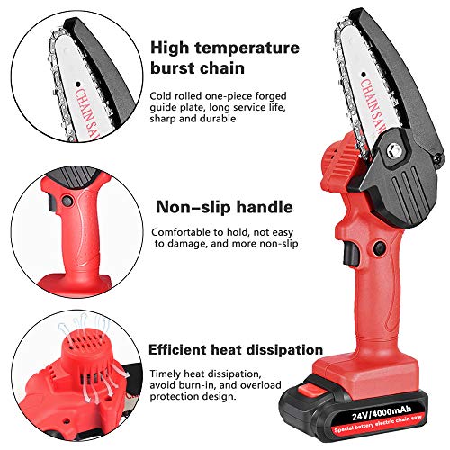 Mini Chainsaw with 2 Batteries and 4 Saw Chains, Handheld Cordless Chainsaw for Tree Branch Wood Cutting Red Battery Chainsaw