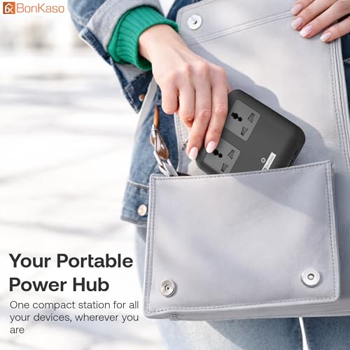 Image of BonKaso Nano 6-in-1 67W GaN Fast Charging Station with 2 AC Outlets, 2 USB-C & 2 USB-A Ports | Ultra Slim Portable Power Hub | Multi-Layer Protection | 330g | 11.8x10.5x2 CM (Black)