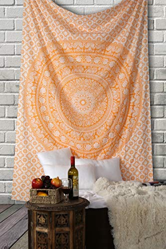 RAJRANG Indischer Mandala-Wandteppich, Boho-Stil, bedruckt, 100prozent Baumwolle, für Wandkunst, Tagesdecke, Picknickdecke & Heimdekoration, Chamois Orange, 152 x 127 cm