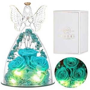 Ocosy Mothers Day Rose Gifts for her, Large Angel Rose Gifts for Women, Forever Real Roses in Angel Figurines, Angel Guardian with Roses Flower, Aqua Blue