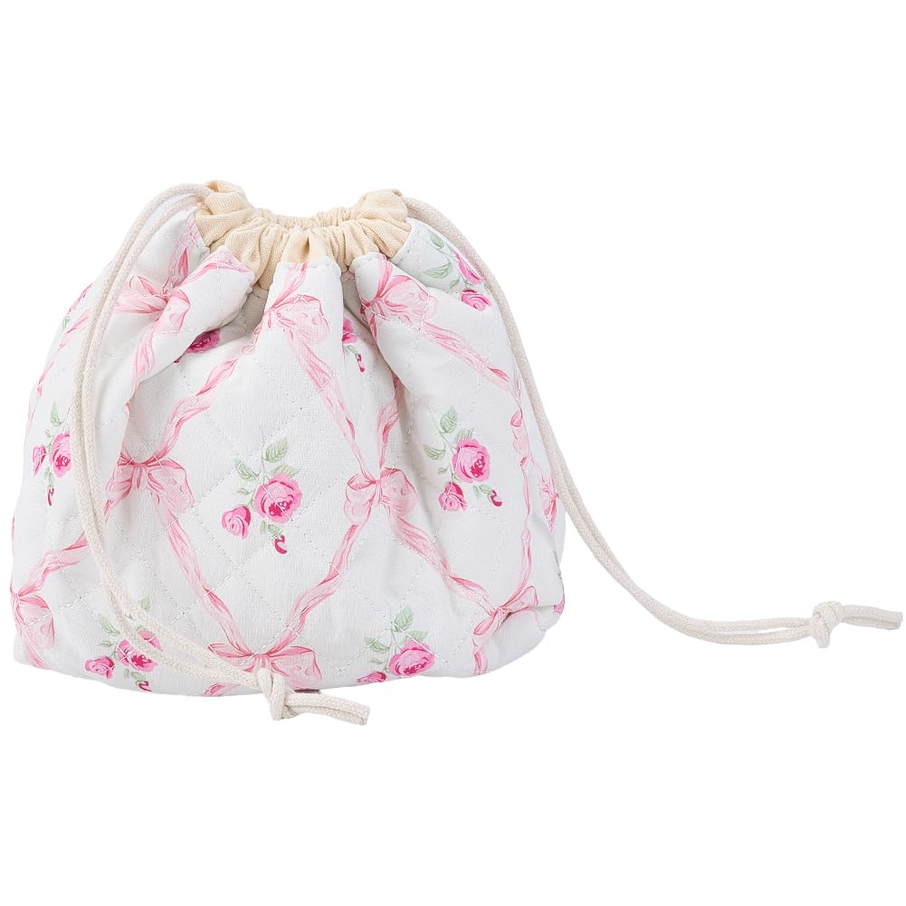 CREATCABIN Drawstring Makeup Bag Cotton Travel Toiletry Bag Pouches for Purse Rose Bow Makeup Accessories Organizer Case Cosmetic Bag Floral