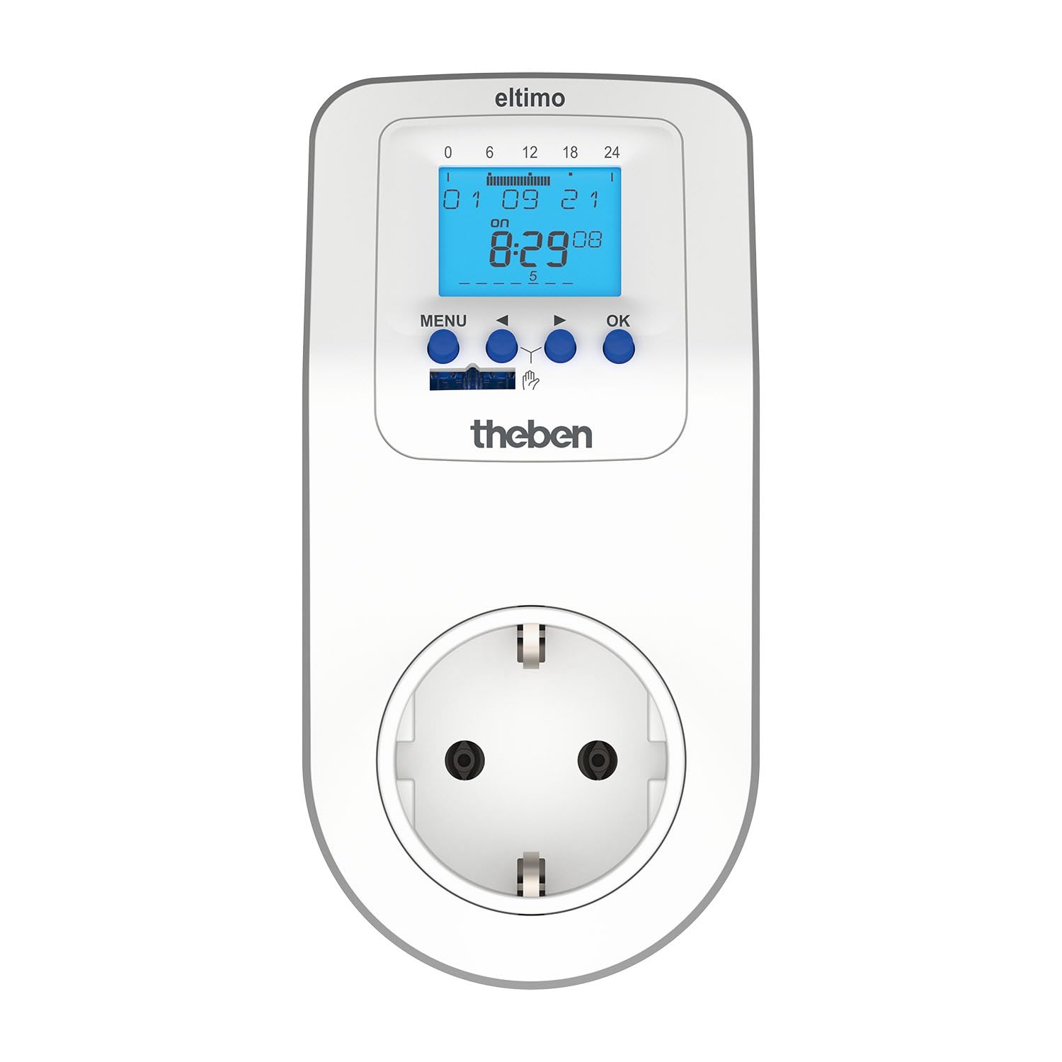 Theben 0200130 Eltimo 020 top3 cyfrowy zegar sterujący z gniazdkiem elektrycznym z programem tygodniowym, programator czasowy, opcjonalne programowanie przez Bluetooth