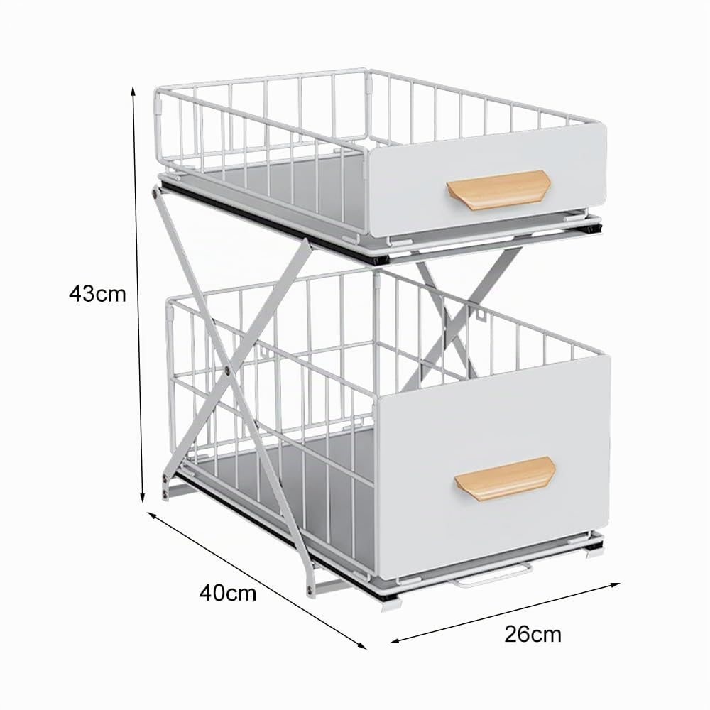 Organizer Sottolavello Portaoggetti con Cestelli Scorrevoli Estraibili, Per l'interno di Pensili,Armadi,Scaffali,Piani lavoro,Scrivanie.Per Casa,Ufficio,Bagno,Cucina,Camere,40*26*43 cm-bianco-1 pz