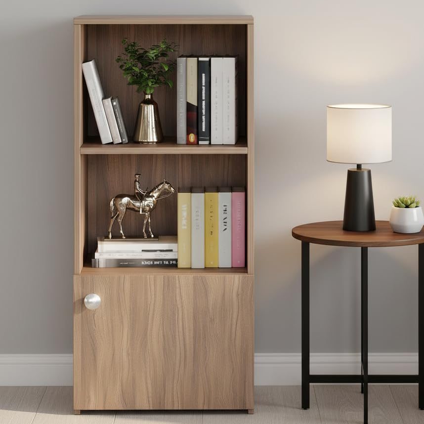 Image of FURNEASER Vivid Wooden Bookshelf Cabinet with Door & Open Shelves | Modern Bookcase Storage Organizer for Living Room, Bedroom & Office | Engineered Wood - DIY (Exotic Teak)
