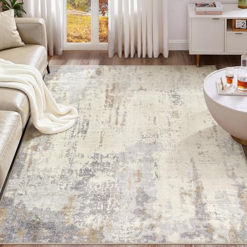 10x12 Area Rug Living Room Rugs - Washable Neutral Modern Abstract Soft Thin Rug Indoor Floor No Slip Rug Carpet for Bedroom Under Dining Table Home Office Decor - Light Brown/Gray