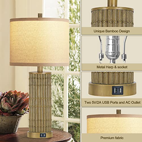 Wihtu Table Lamps Set Of 2 With 2 Charging Ports Ac Outlet, 27" High Bamboo Bedside Lamp For Bedroom Living Room Farmhouse Office, Rustic Resin Classic Bedside Table Lamp Brown, Bulb Included #TOP4