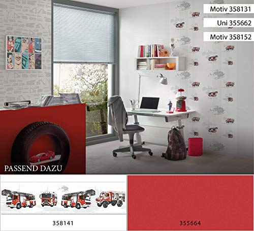 A.S. Création PVC-freie Vliestapete Little Stars Tapete mit Feuerwehr Autos 10,05 m x 0,53 m grau rot schwarz Made in Germany 358131 35813-1