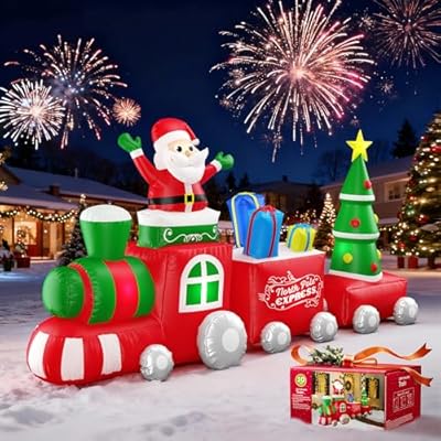 10FT Christmas Inflatable Train with Santa Claus, Gift Boxes, Christmas Trees, Built-in Lights, 2025 Yard Decor Giant Blow Up Santa Train, Lovely Holiday Winter Decor for Party Garden Lawn