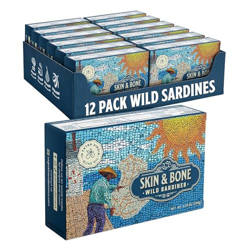 Skin & Bone Wild Caught Portugese Sardines in Extra Virgin Olive Oil, Pack of 12, 4.25oz....
