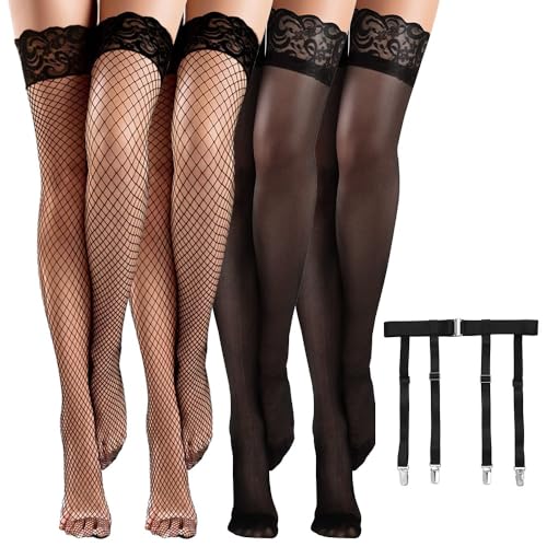 El Mejor Listado de Medias para Mujer disponible en línea. 45 Medias Para Mujer Medias Altas Hasta el Muslo de Rejilla de Encaje Moda Sexy Encaje Perspectiva de Liga Juego de liguero para Mujer medias de red para mujer Silicona(4 Pares...