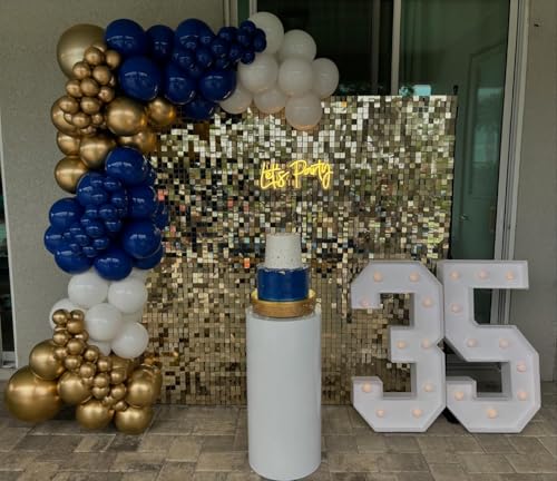 Image of Blue and Gold Balloon Arch Kit, Explosion Star Royal Dark Blue and Metallic Gold White Balloons 22 18 12 10 5 Inch Different Size Balloons for Anniversary Wedding New Year Birthday Decorations