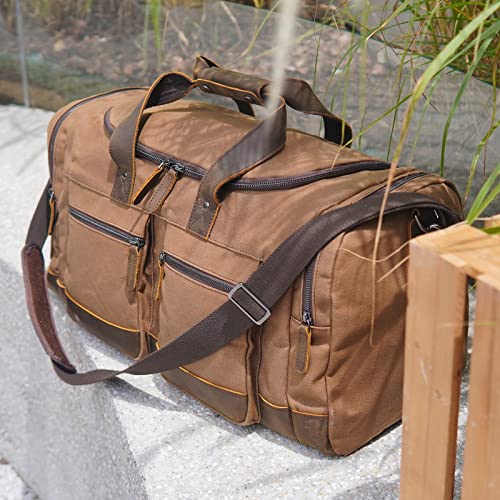 Polare 23” Waxed Canvas Cowhide Leather Waterproof Travel Duffel Bag Trim Luggage Weekender Overnight Carry on Hand Bag