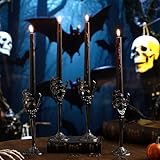 LemonRoad 4 Set Halloween Skull Taper Candle Holders with 4 Vampire Tears Black Candles Gothic Decor Candle Stick Holder Spooky Skeleton Hands Tealight Holder for Halloween Decoration Party Supplies