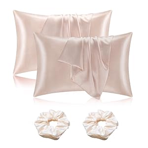 2 Piezas Funda de Almohada de satén de satén, para Cabello y Piel, Similar a la Seda(Beige, 51 * 66 cm, con 2 Cintas para el Pelo