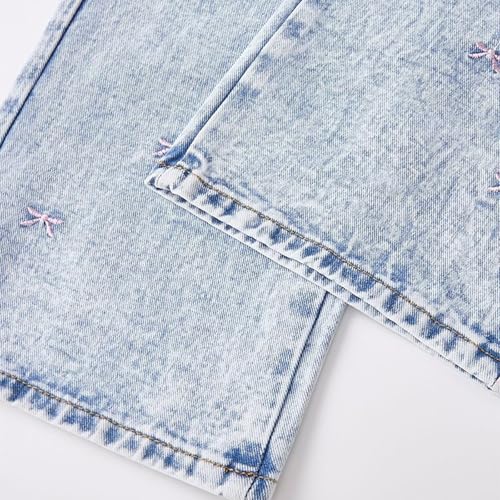 Teens Girls Bowknot Embroidery Straight Jeans Wide Leg High Waist Washed Denim Pants Baggy Comfy Casual Loose Trousers4