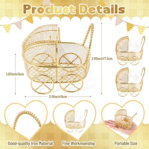 Image of Threehoney 12 Pcs Baby Shower Mini Carriage Decoration Metal Wired Fillable Small Stroller Table Decor Baby Shower Party Favor for Guest Gender Reveal Candy Centerpiece (Gold)