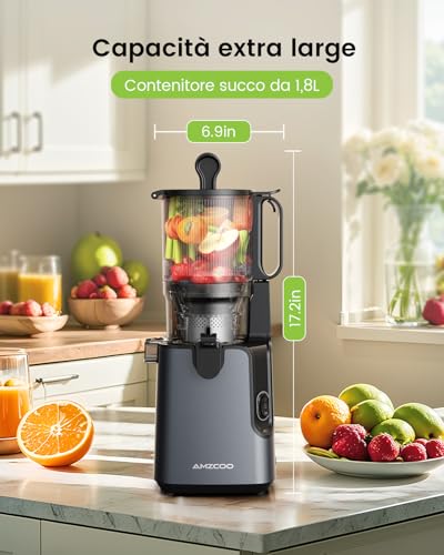 Slow Juicer, spremiagrumi da 130 mm e contenitore da 1,8 l, spremiagrumi a freddo per frutta e verdura intera, facile da installare e pulire, senza BPA - immagine 6