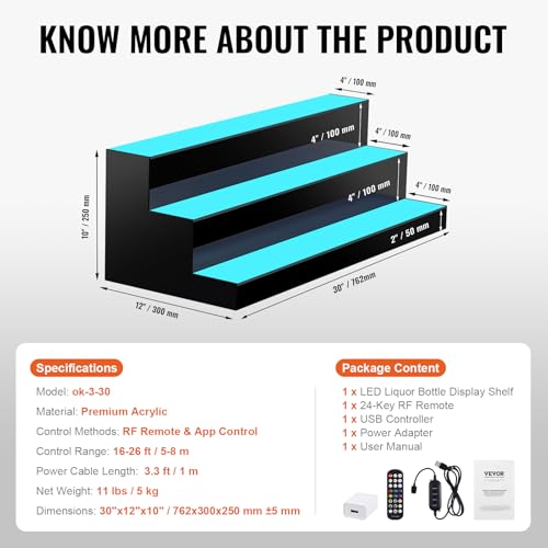 Image of VEVOR LED Lighted Liquor Bottle Display, 3 Tiers 30 Inches, Supports USB, Illuminated Home Bar Shelf with RF Remote & App Control 7 Static Colors 1-4 H Timing, Acrylic Lighted Shelf for 24 Bottles