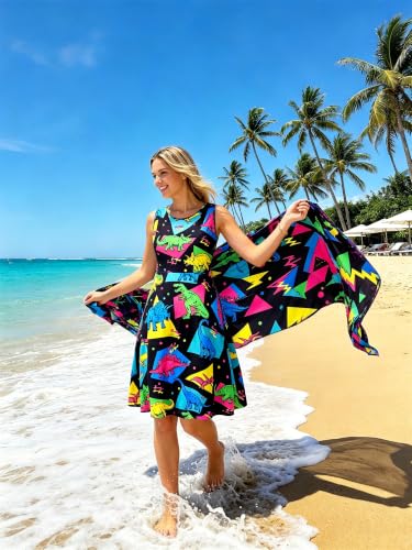 Image of uideazone Women Funny Print Sleeveless U Neck A Line Casual Midi Dress | Soft Stretchy Breathable Fabric Flared Swing Sundress Fitted Waist for Daily Wear 80 /90s Themed Party Beach Vacation Trips