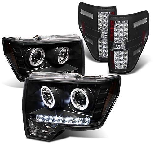 AKKON - For Ford F150 F-150 Pickup Black Bezel Dual Halo LED Projector Headlights+LED Tail Lamp Assembly