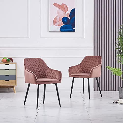 AINPECCA Lot de 2 Chaises de Salle à Manger avec Dossier et Siège Capitonée en Velours,Chaises Scandinaves de Salon avec Accoudoirs,Fauteuil Pieds en Métal pour Salle de Séjour(Rose) Cover