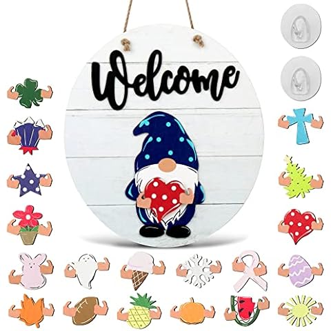 Interchangeable Welcome Sign for Front Door Porch Decor, Wooden Halloween Gnome Door Hanger Wreath with 19 Pieces Seasonal Holiday Icons, Rustic Farmhouse Home Sign DIY Wall Hanging Decor Cover