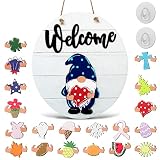 Interchangeable Welcome Sign for Front Door Porch Decor, Wooden Halloween Gnome Door Hanger Wreath w