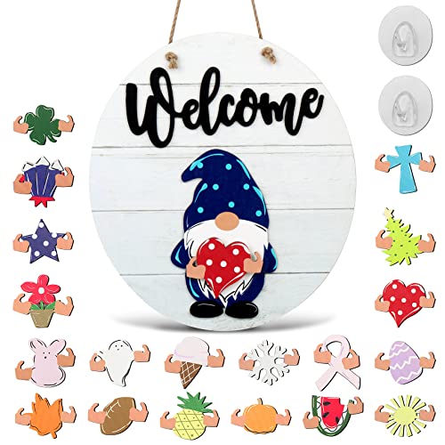 Interchangeable Welcome Sign For Front Door Porch Decor, Wooden Halloween Gnome Door Hanger Wreath With 19 Pieces Seasonal Holiday Icons, Rustic Farmhouse Home Sign Diy Wall Hanging Decor #TOP5