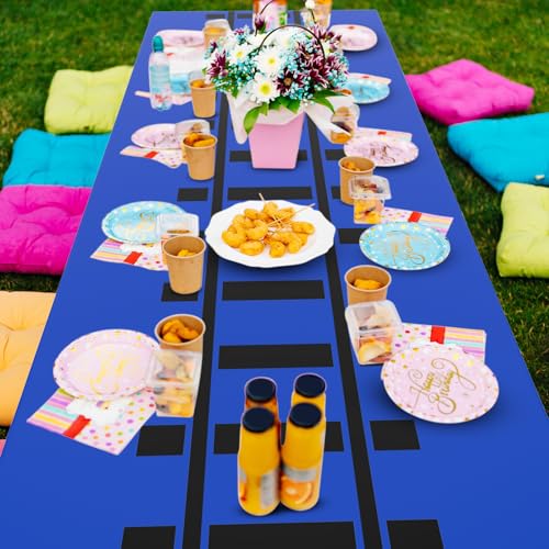 Image of Teenyyou 3 Pcs Train Party Decorations Railroad Track Tablecloths Express Train Birthday Party Supplies 54 x 108 Inch Plastic Table Covers for Railroad Track Western (Blue)