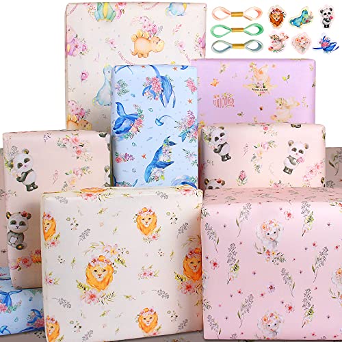 Papier Cadeau Enfant Bebe Fille Garçon,Animé Papier Cadeaux Anniversaire et Design Lion Panda Licorne Dinosaure éléphant pour Baby,Papier Anniversaire...