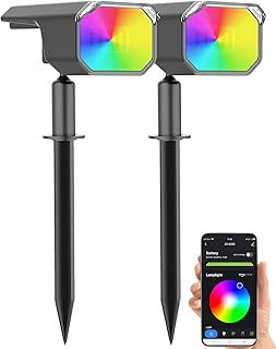 Luminea Home Control Gartenstrahler Solar: 2er-Set smarte Solar-Spots, RGB-CCT-LED, 100 lm, 2.200 mAh, 1 W, IP65 (LED Solarstrahler mit Erdspieß, Erdspießstrahler, iPad)