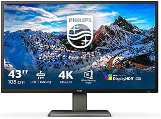 Philips 439P1-43 Inch 4K UHD Monitor, 60Hz, 4ms, VA, HDR 400, USB-C Docking, KVM, Speakers, Height Adjust, MultiView (3840 x 2160 @ 60 Hz, 450 cd/m², HDMI/DP/USB-C)