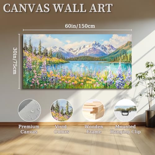 crmotu Lake Wildflowers Wall Art, Snow Mountain Forest Extra Large Artwork, Nature Landscape Canvas Art Prints, Country Chic Pictures Wall Decor Living Room Bedroom Dining Room Farmhouse 30x60 Inch