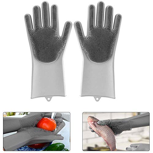 Preisvergleich Produktbild Silikon Handschuhe, Wiederverwendbare Silikon Handschuhe Umweltfreundlich Hitzebeständige Spülhandschuhe Reinigungsbürste für Küche, Bad, Tierpflege, Autowäsche, Haushalt (Grau)