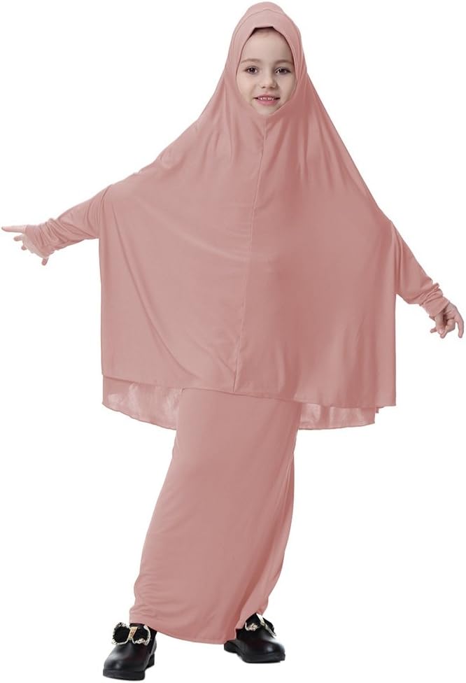 MinuyaKaftan Dress for Girls, Islamic Muslim Full Length Solid Color Abaya Dress Arab Prayer Set for Kids Girls
