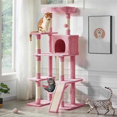 Image of Yaheetech 63in Sturdy Large Cat Tree for Indoor Heavy Cats, Tall Tower | Plush condo, hammock, sisal scratch posts, anti-wobble base, multi-pet friendly, easy assembly, scratch-resistant, pink