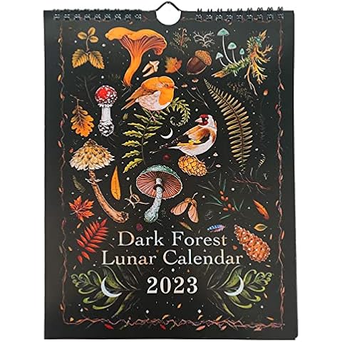 Dark Forest Lunar Calendar 2023, Colorful Waterink Wall Hanging Calendars with 12 Illustrations, Mysterious Animals Calendars Wheel of Phase Astrology Art Decor for Home Office Xmas New Year Gift Cover