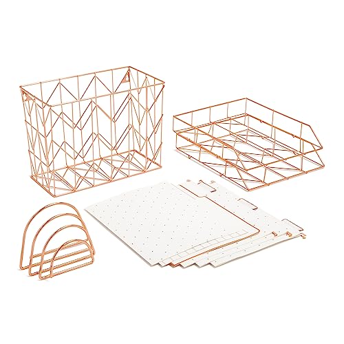 U Brands Desktop Fashion Filing Set, Desktop Organizer, Rose Gold Wire Metal, 10 Pieces