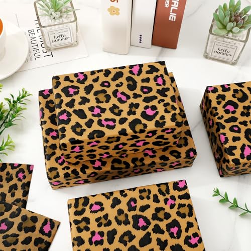 60 Sheets Leopard Print Tissue Paper Pink Floral Bouquet DIY Art Crafts Tissue Brown Safari Animal Gift Wrapping Paper for Home Classroom Office Party DIY Crafts Supplies, 14 x 20 Inch