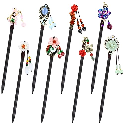 inSowni 8 Pieces Decorative Retro Asian Japanese Chinese Traditional Hanfu Wooden Hair Sticks with Flower Bead Pendants Floral Hair Pins Forks Chopsticks Bun Updo Holders Headpieces for Women Girls