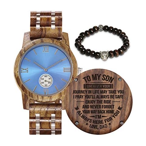 Personalized Wood Watch for Men | Engraved Analog Quartz Handmade Wood Watch for Son Husband Family Friends (Blue Face-Dad to Son) Cover