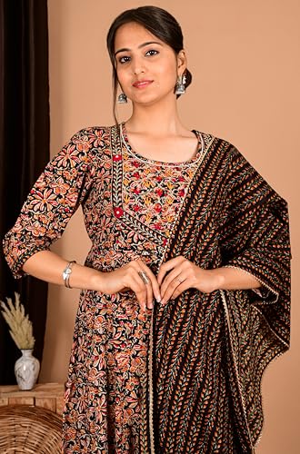 Image of Women's Cotton Embroidered Anarkali Kurta with Pant & Dupatta Set
