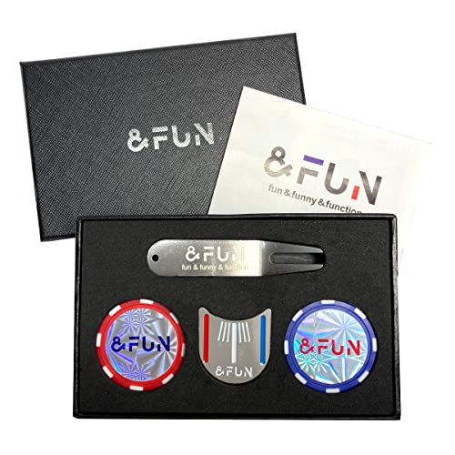 &FUN (アンドファン) ゴルフマーカー セット おしゃれ パットが入る ライン入りマーカー & 光って 見つかる カジノチップマーカー キャップクリップ マグネット 景品 賞品 (箱入り(3個セット+グリーンフォーク))