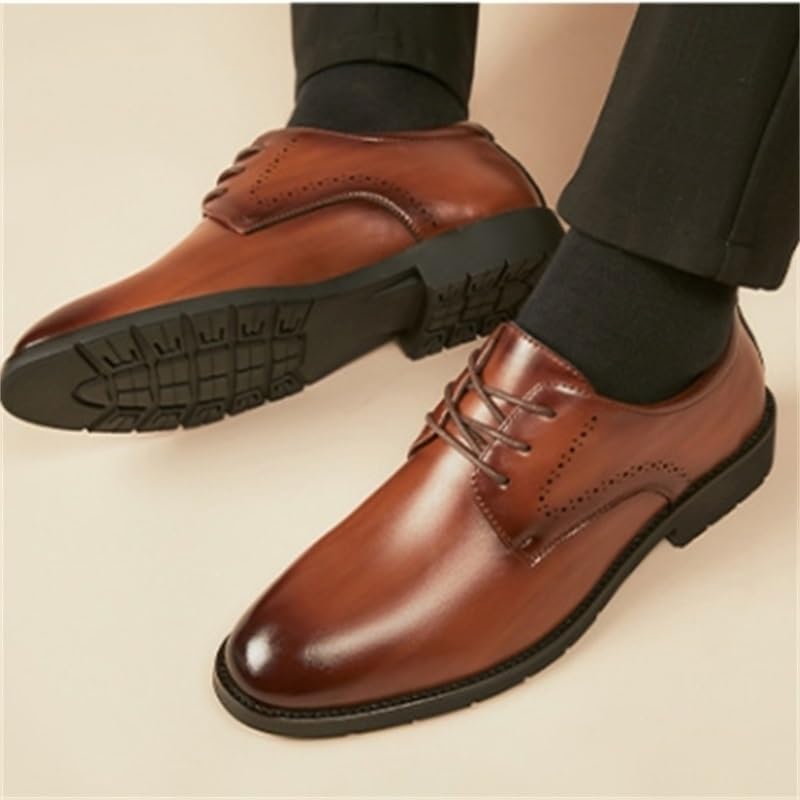Men's Pointed Toe Business Casual Leather Shoes Low-top Comfortable Soft Sole Lace-up Oxford Shoes Slip Wear-Resistant Rubber Dress Shoes for Men