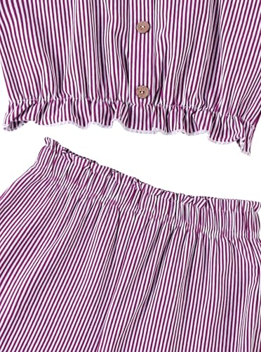 Image of Girls 2 Piece Summer Outfits Ruffle Strap Striped Crop Top and Short Sets Purple 7-8 Years
